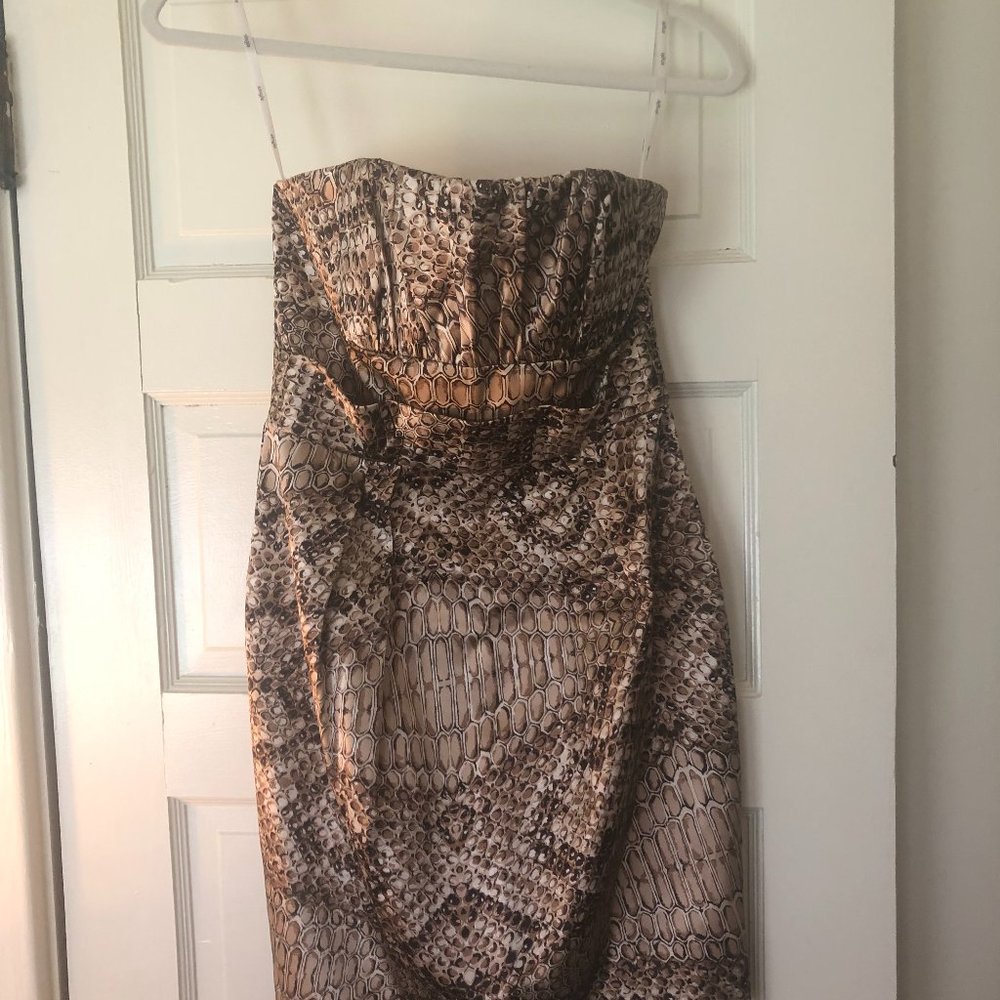 STUNNING SILK STRAPLESS ANIMAL PRINT DRESS, SIZE SMALL